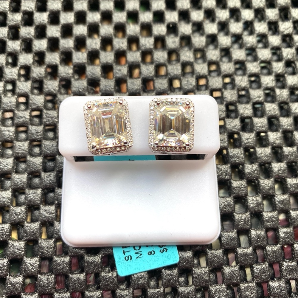Emerald Cut Halo style Moissanite Earrings